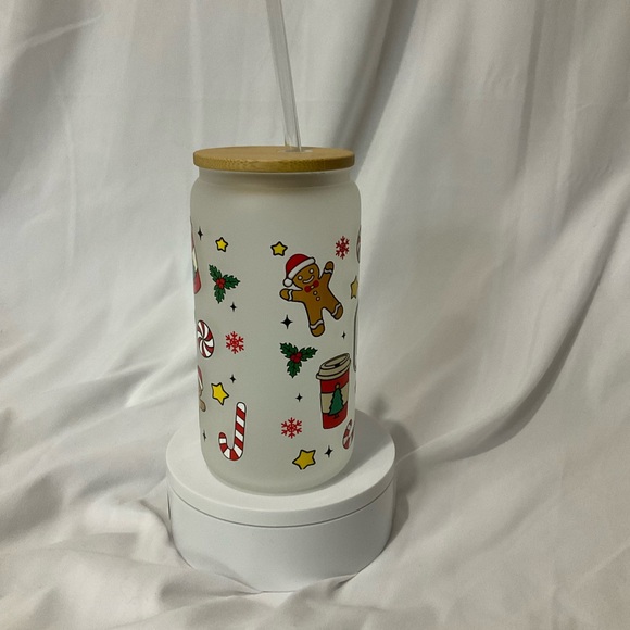 🔥SALE $15🎄16 OZ Handmade Frosted Glass Can Cup, W/Lid & Straw, Christmas Spirits - Picture 5 of 9